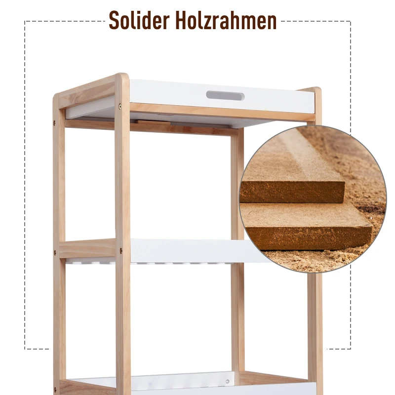 HOMCOM Küchenwagen Rollwagen mit 3 Ebenen Servierwagen mit abnehmbarem Tablett, Küchenregal auf Rollen, Küchenrollwagen für Küche Bad Büro Wohnzimmer Weiß + Natur