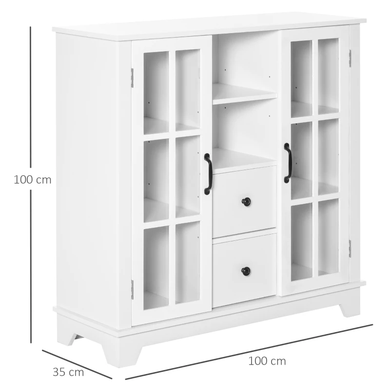 HOMCOM Küchenschrank Sideboard Aufbewahrungsschrank modern elegant mit 2 Schubladen und Glastüren für Esszimmer Wohnzimmer MDF Weiß 100 x 35 x 100 cm