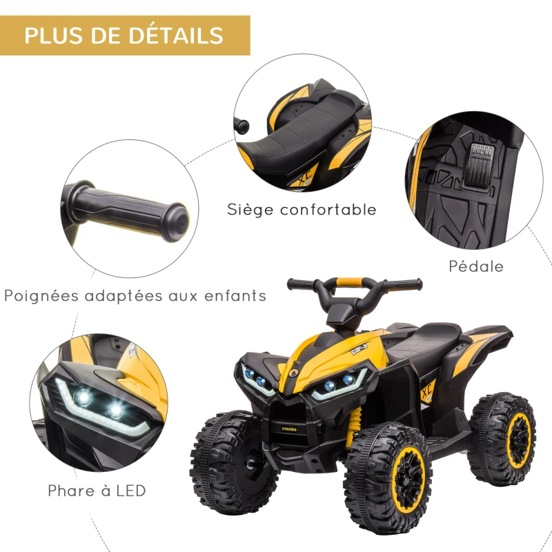 HOMCOM Quad électrique enfant 12 V, voiture électrique enfants 2 moteurs 2 vitesses 3-6 km/h, phares LED, klaxon, pour enfant de 3 à 5 ans, poignée et selle ergonomique, jaune(m-7)