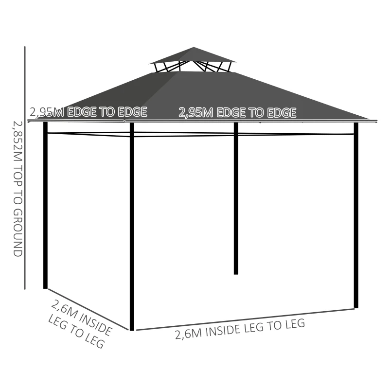 Outsunny Pavillon Partyzelt Gartenpavillon, 2,95 x 2,95 x 2, 85 m, Dunkelgrau