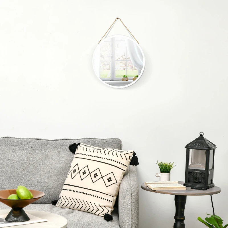 HOMCOM Espejo Decorativo de Pared 30x30 cm Espejo Redondo de Metal con Cuerda para Salón Entrada Estilo Moderno Blanco