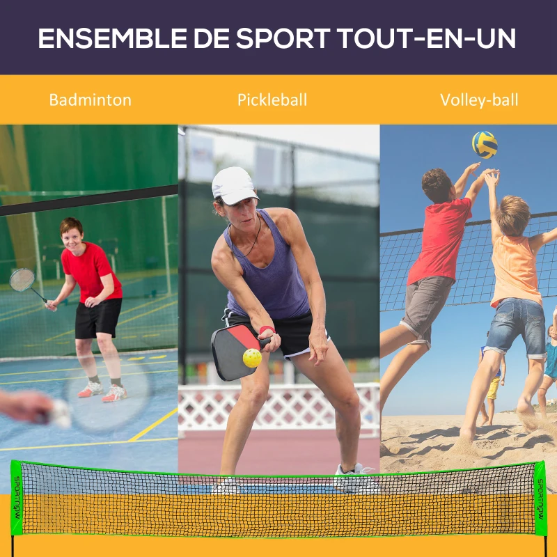 SPORTNOW Ensemble set complet de badminton, pickleball et volleyball, 3 en 1, jeux sport extérieur avec filet hauteur réglable