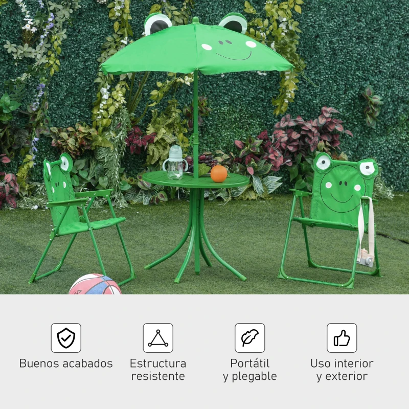 Outsunny Set de Mesa y Sillas Infantil de Jardín Conjunto de Picnic Plegable para Niños Juego de Mesa con Sombrilla Ajustable en Altura de 100-125 cm Diseño de Rana Verde
