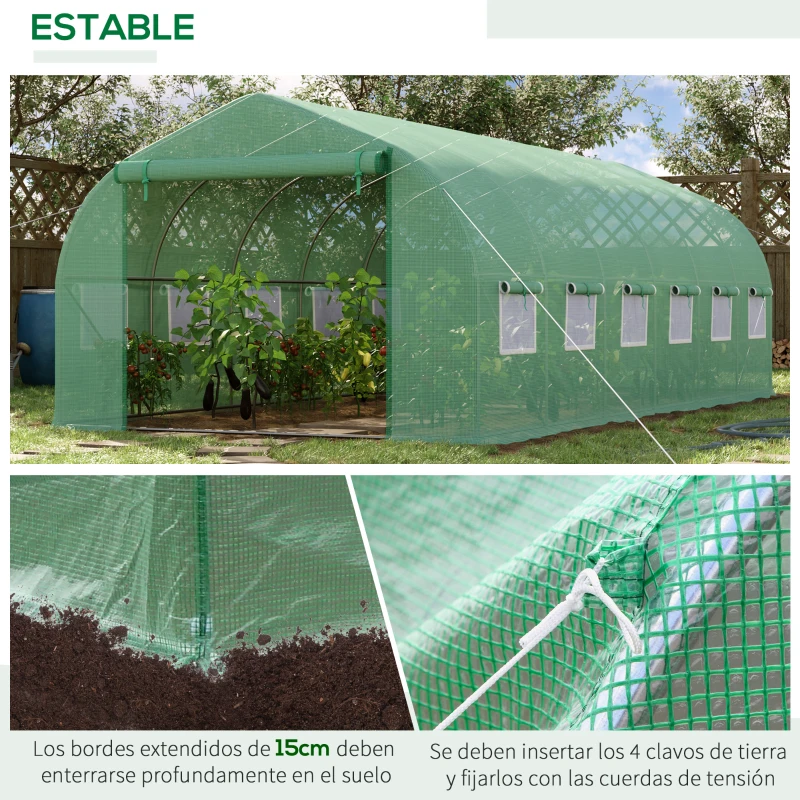 Outsunny Invernadero de Exterior Invernadero de Túnel 6x3x2 m Invernadero de Jardín Grande con 12 Ventanas y Puerta Enrollable con Cremallera Macro de Metal para Cultivo Plantas Verde