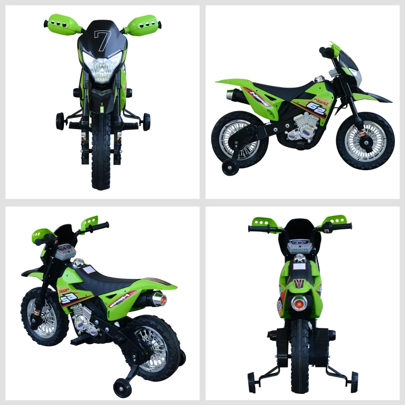 HOMCOM Moto da Cross Elettrica con 2 Rotelline Ausiliarie per Bambini 3-6 anni, Moto Giocattolo 109×52.2×70.5cm Verde