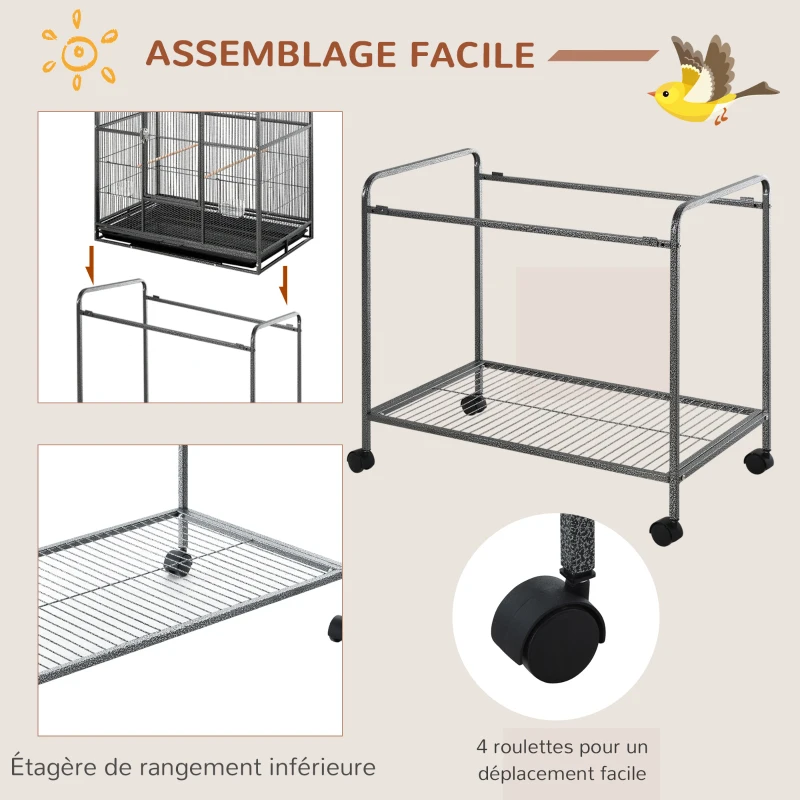 PawHut Cage à Oiseaux Portable avec 4 Mangeoires et 4 Perchoirs Pratique 77 x 47 x 163 cm Noir et Gris