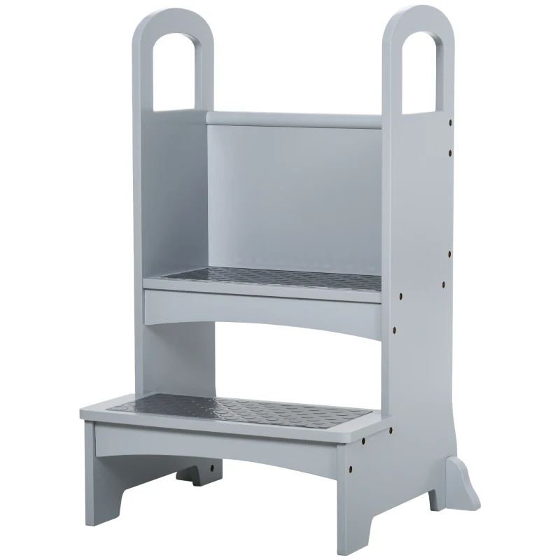 HOMCOM Kids Wooden Step Stool Kitchen Helper w/ Non-Slip Panels Handles Child Toddler Home Help 3 - 8 Yrs Grey