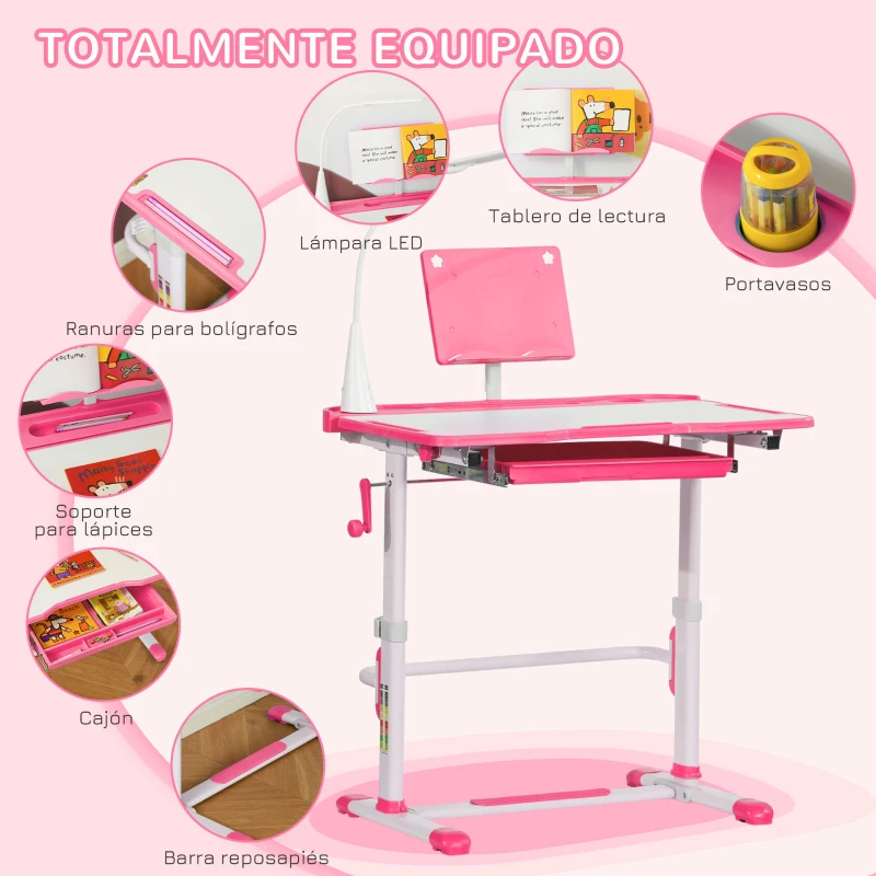 HOMCOM Escritorio y Silla para +6 Años con Altura Ajustable e Inclinable 80x49,5x82-104 cm y 35,5x43,5x63-73 cm Rosa
