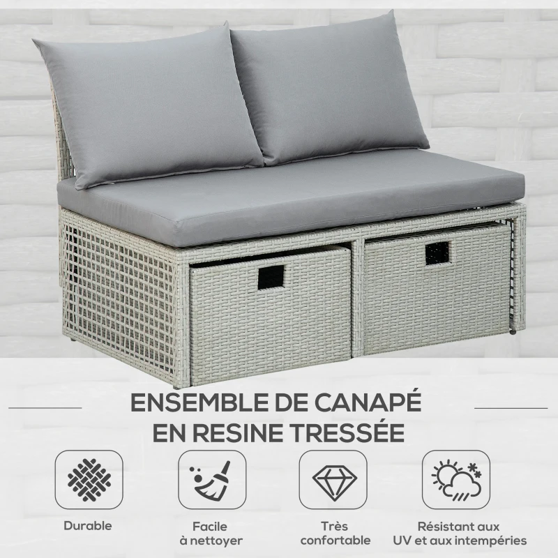 Outsunny Ensemble salon de jardin 3 places 3 pièces - canapé 2 places, pouf, coffre rangement - 4 coussins inclus - résine tressée imitation rotin gris