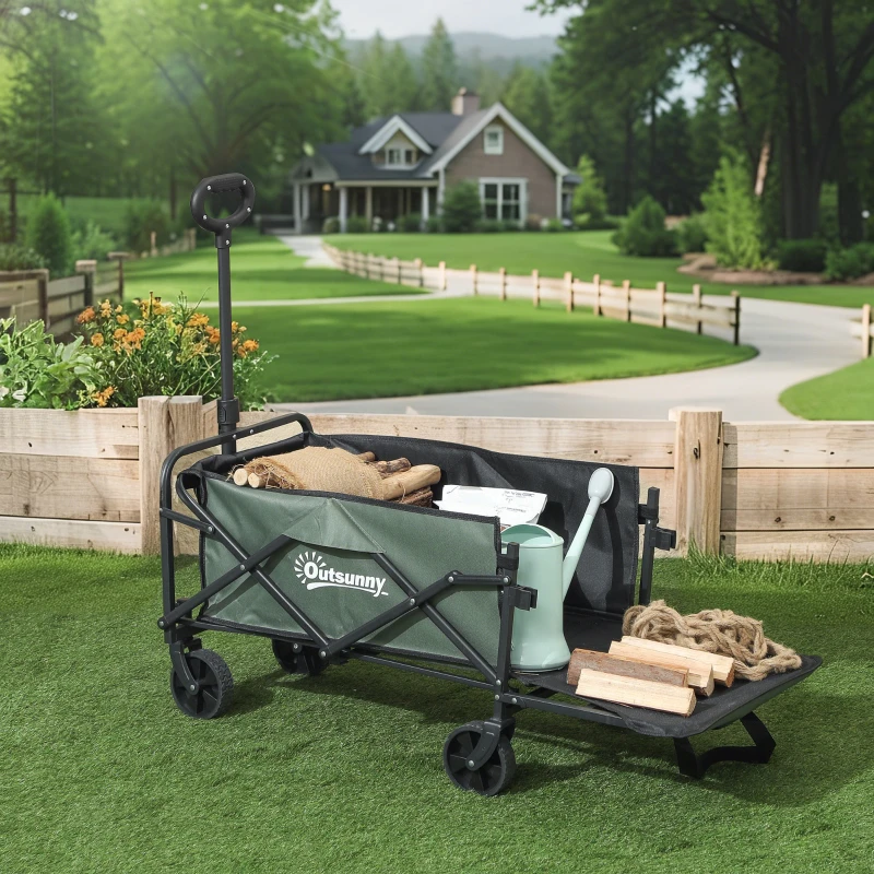Outsunny Wózek Transportowy 90 kg Składany z Wyjmowaną Płachtą, Rączką, Kołami 72 Litry Zielony