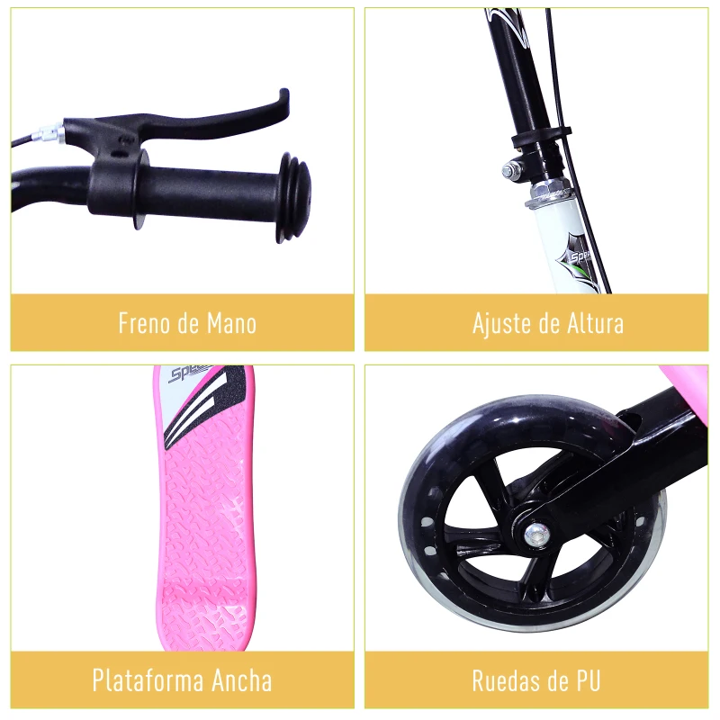 HOMCOM Patinete Scooter de 3 Ruedas Plegable Scooter de Oscilación Reductor para Niños +4 Años con Freno Manillar Ajustable Carga 50 kg 91x60x80cm Marco Acero Rosa