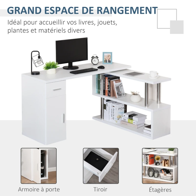 HOMCOM Bureau informatique bureau d'angle avec rangement table angulaire avec étagères, placard, tiroir blanc