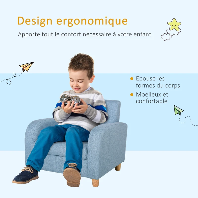 HOMCOM Fauteuil Enfant Design scandinave Grand Confort accoudoirs Assise Dossier garnissage Mousse Haute densité piètement Bois Caoutchouc Lin Bleu