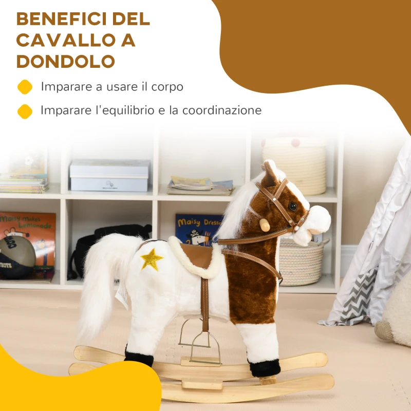 HOMCOM Cavallino a Dondolo per Bambini da 3-6 Anni in Peluche con Suoni, 68x26x62cm, Marrone