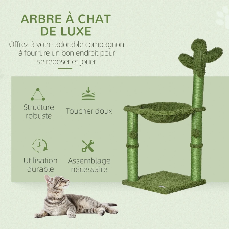 PawHut Arbre à chat griffoir forme cactus en sisal naturel hamac pompon suspendu - 40 x 40 x 96 cm vert