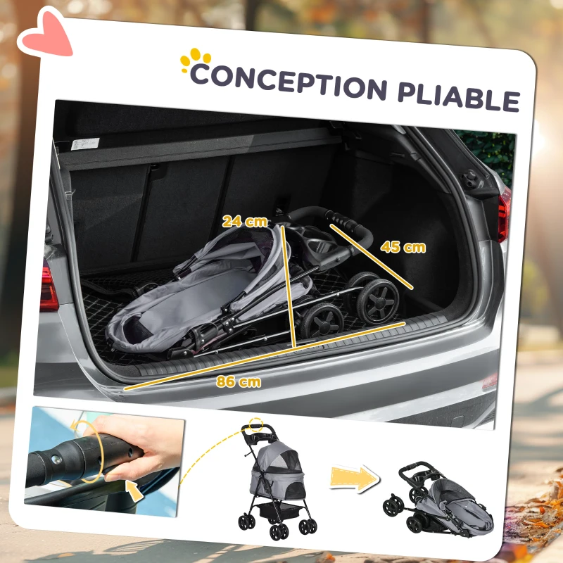 PawHut Poussette pour chien et chat pliable, 4 roues avec freins, tissu Oxford 300D imperméable, panier de rangement, gris