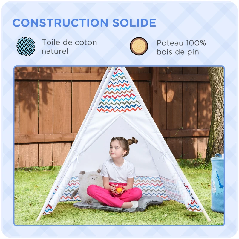 HOMCOM Tente Teepee Indien Tente de jeu pour enfant tipi enfant interieur Style Graphique - dim. 1,2L x 1,2I x 1,55H m Porte refermable fenêtre Polyester Coton Intérieur Extérieur Blanc Multicolore