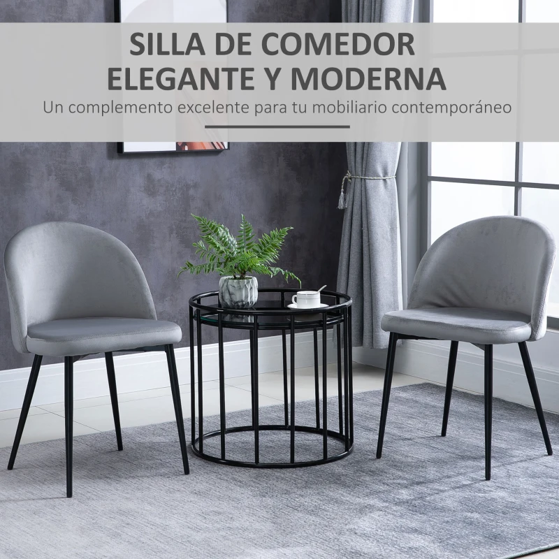 HOMCOM Pack de 2 Sillas de Comedor Tapizadas en Terciopelo con Respaldo Acolchados Patas de Metal Carga 90 kg 49x50x77 cm Gris