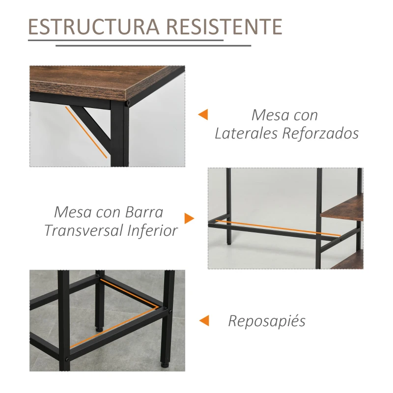 HOMCOM Set de Mesa de Bar y 2 Taburetes con Reposapiés y Estantes de 3 Niveles Almohadillas 109x60x100 cm Marrón Rústico