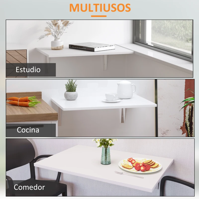 HOMCOM Mesa Plegable de Pared Mesa Abatible de Pared de Madera Ahorra Espacio para Cocina Comedor Dormitorio 60x40x20 cm Blanco