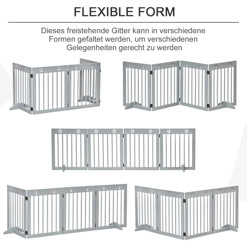 PawHut Hunde-Absperrgitter, Kiefernholzrahmen, beidseitig faltbar, Pfotenmuster, abnehmbare Füße, Hellgrau