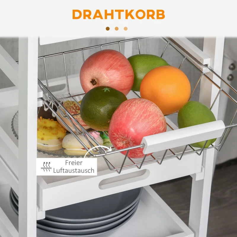 HOMCOM Küchenwagen, Servierwagen mit Schublade und abnehmbarem Tablett Küchenrollwagen, Rollwagen mit Arbeitsplatte, Kieferholz, Weiß, 37 x 37 x 82 cm