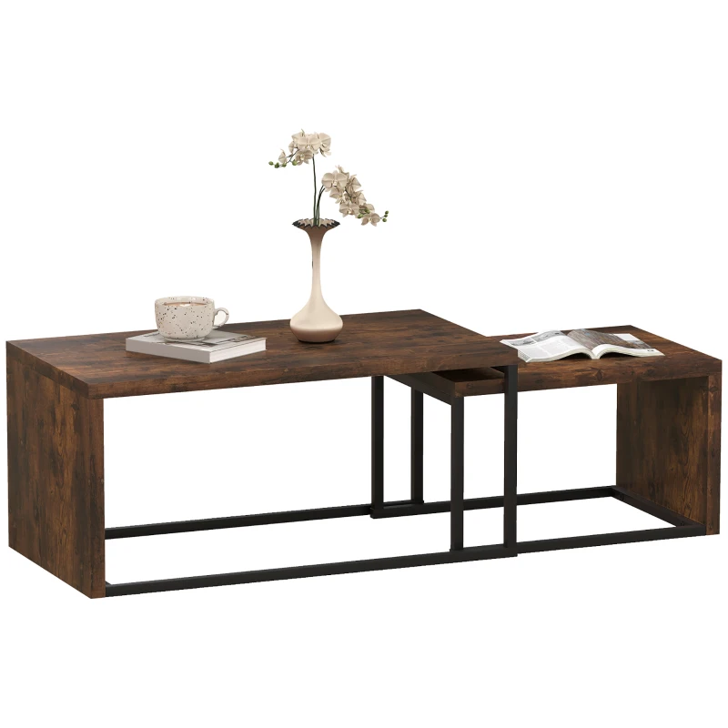HOMCOM 2er-Set Couchtisch, Sofatisch, Beistelltisch, MDF, Metall, 90 x 48 x 42 cm/59 x 42 x 36 cm, Schwarz+Braun(m-10)