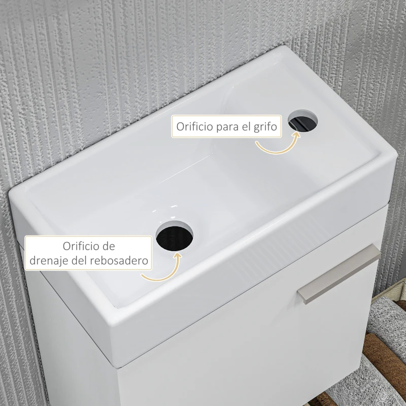 HOMCOM Mueble de Baño con Lavabo de Pared con Puerta con Cierre Suave y Armario 40x23x50 cm Blanco Brillante(m-7)