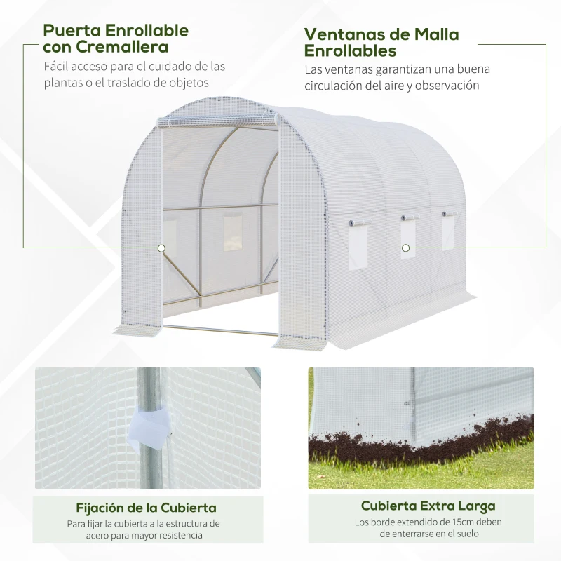 Outsunny Invernadero de Túnel 3,5x2x2 m con 6 Ventanas de Malla y Puerta Enrollable con Cremallera Anti-UV Blanco