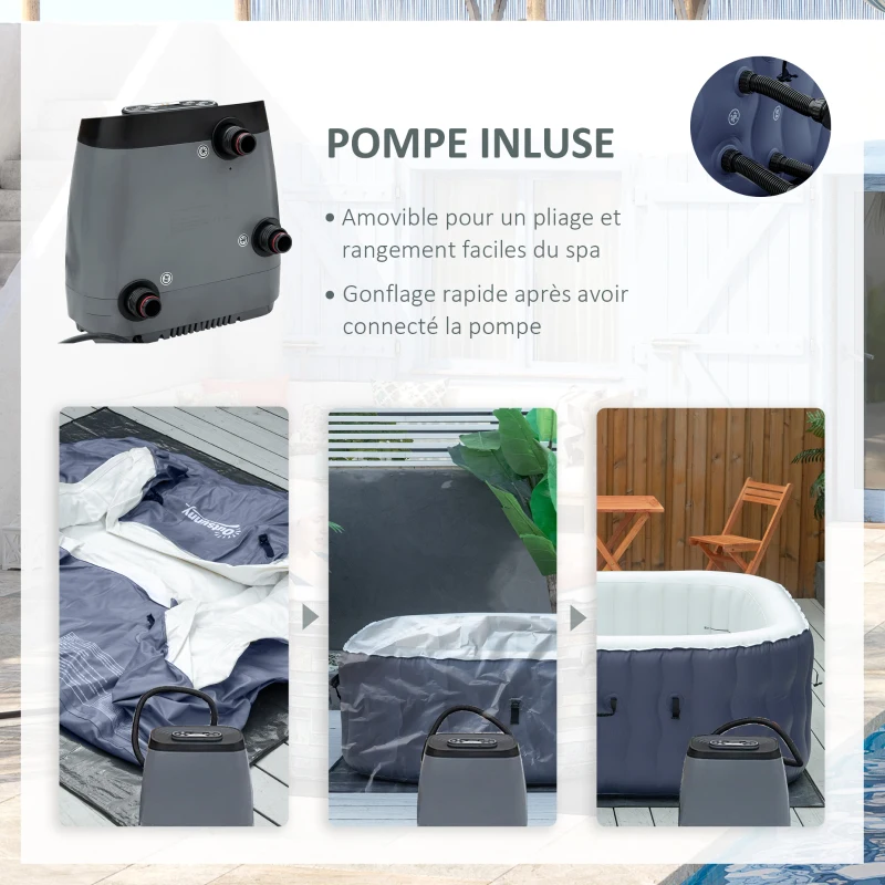 Outsunny Spa gonflable carré 930 litres avec 108 jets de massage 4-6 personnes spa chauffé à 40°C avec filtre et pompe 180x180 cm, liner PVC bleu et blanc