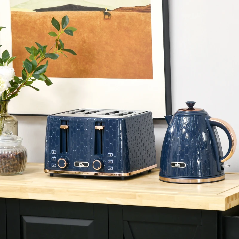HOMCOM Kettle and Toaster Set, 1.7L 3000W Fast Boil Jug Kettle with Auto Shut Off, 4 Slice Toaster with 7 Level Browning Controls & Crumb Tray, UK Otter Thermostat, Blue