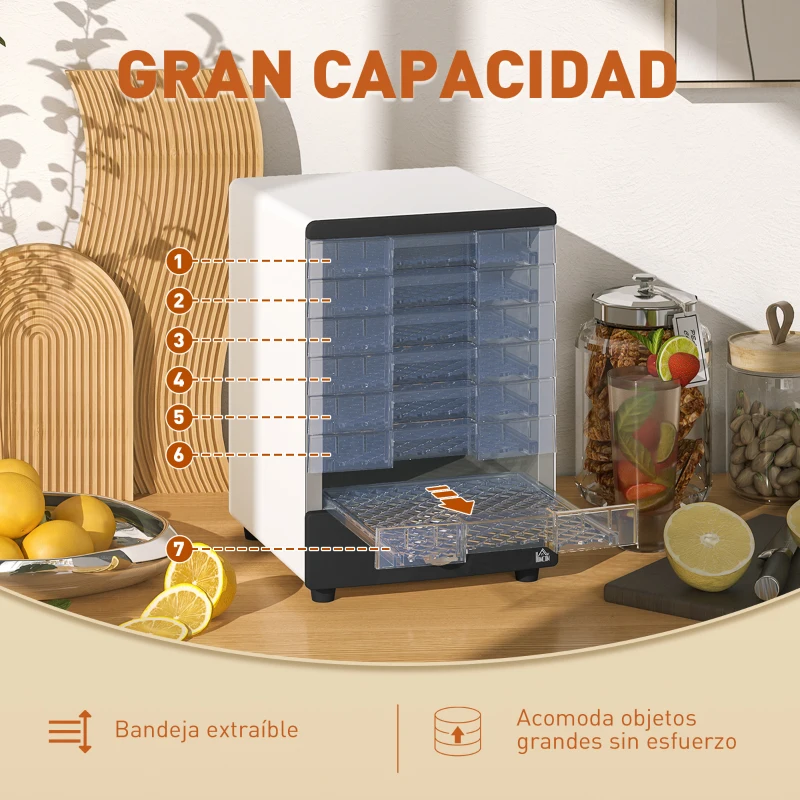 HOMCOM Deshidratador de Alimentos 350W con 7 Bandejas Temperatura Ajustable 40-70 ℃ para Frutas Golosinas para Mascotas Blanco