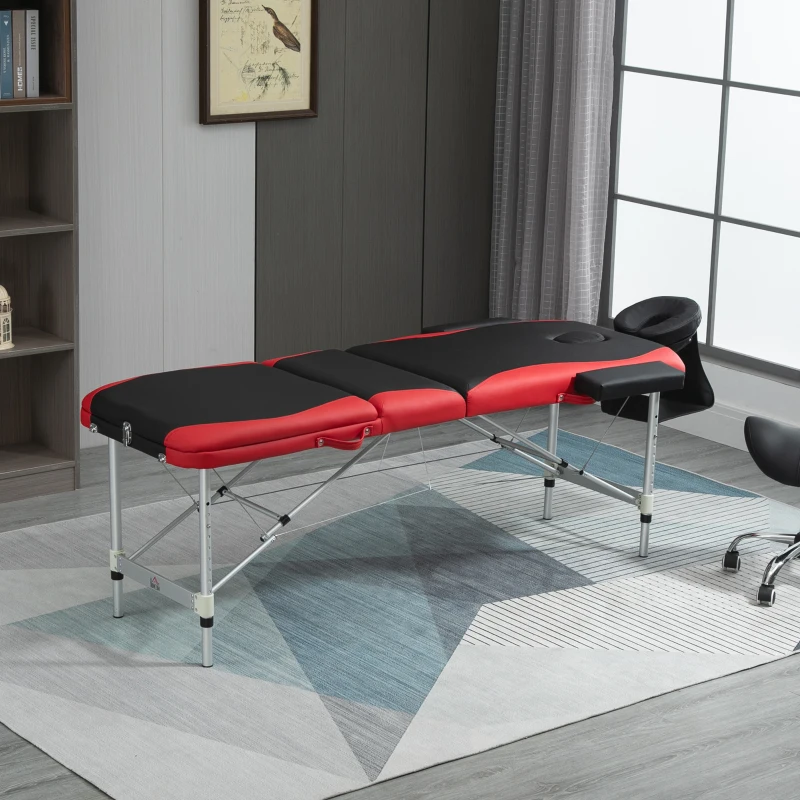HOMCOM Camilla de Masaje Plegable y Portátil 210x81x62-85 cm Mesa Ajustable en Altura con Reposacabezas y Apoyabrazos para Tatuaje Fisioterapia Negro y Rojo