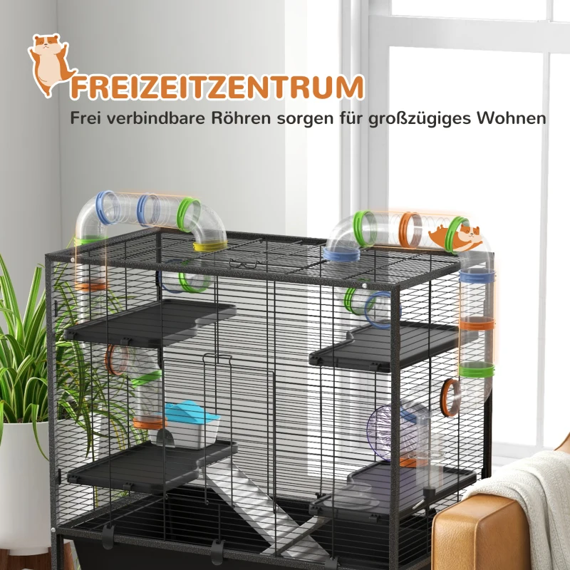 PawHut Hamsterkäfig mit Röhren, Laufrad, Häuschen, Wasserspender, 109 x 82 x 46 cm, Schwarz