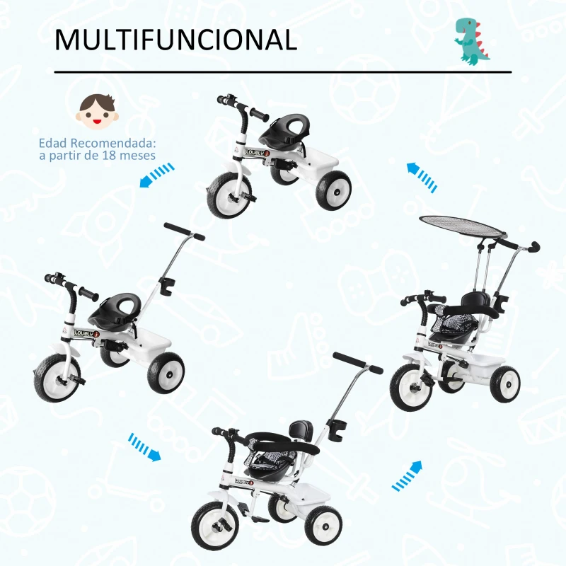 HOMCOM Triciclo para Bebés 6 en 1 Triciclo Evolutivo para Niños de +18 Meses con Toldo Plegable Mango de Empuje Telescópico y Desmontable Asiento Ajustable Cesto y Portabotellas Blanco