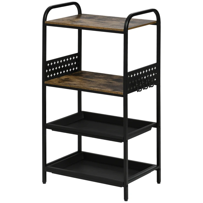 HOMCOM Mobile Cucina a 4 Livelli con 6 Ganci, 2 Vassoi e 4 Ripiani Rimovibili in MDF e Acciaio, 60x40x112 cm, Marrone