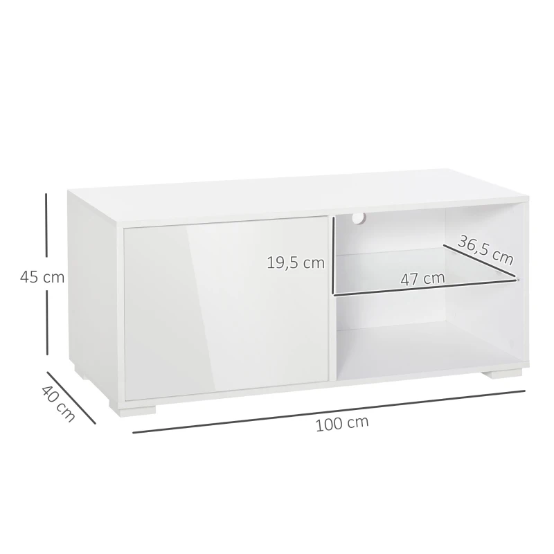 HOMCOM TV Schrank, TV-Kommode mit Schubladen und offenen Regalen, Fernsehschrank, Fernsehtisch, Glas, Weiß, 100 x 40 x 45 cm