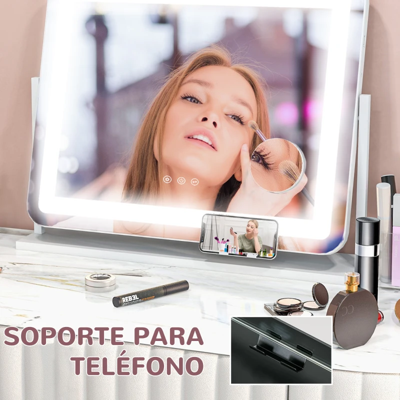 HOMCOM Espejo de Tocador Giratorio 58x46 cm con 3 Modos de Iluminación Ajustables Interruptor Táctil Espejo de Aumento Blanco