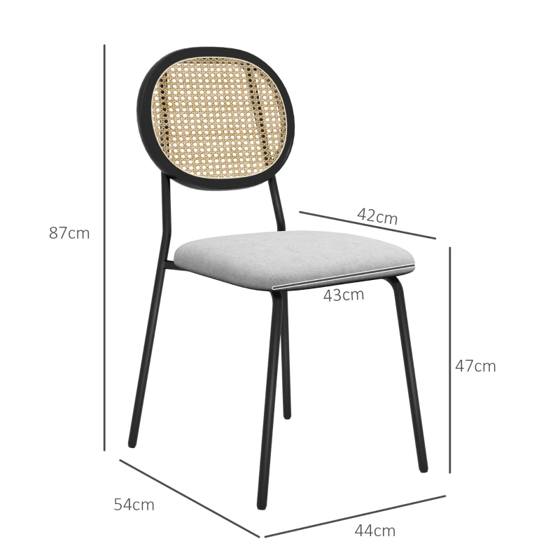 HOMCOM Pack de 2 Sillas de Comedor con Respaldo de Ratán Sintético y Marco de Acero para Salón 44x54x87 cm Gris y Negro