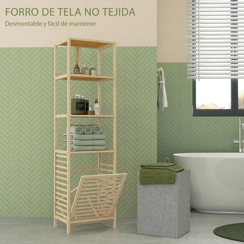 HOMCOM Estantería de Almacenaje Mueble de Baño con 3 Estantes y 1 Cesto para Ropa Sucia Desmontable 44x33x160 cm Natural