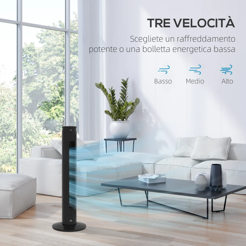 HOMCOM Ventilatore a Torre 45W a 4 Modalità e 3 Velocità con Timer da 12h, in ABS, Ø31.5x93 cm, Nero