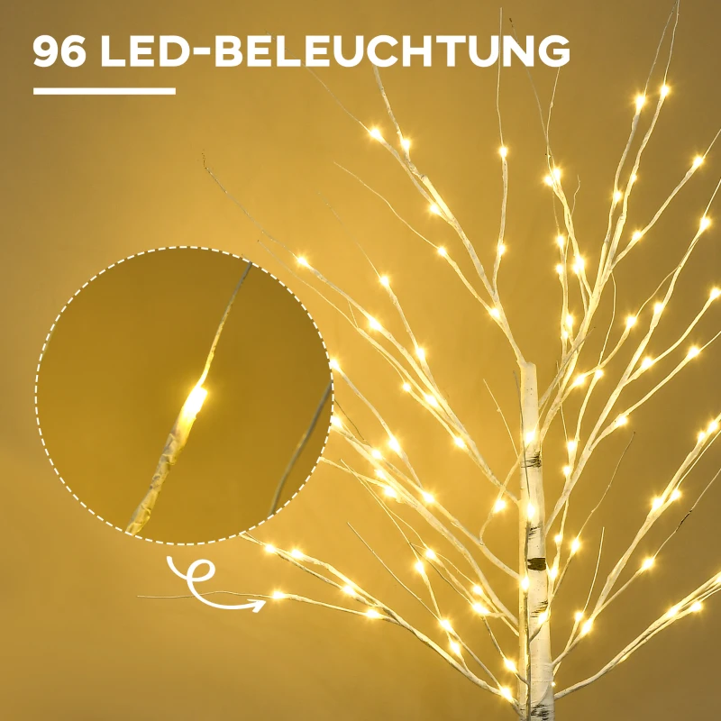 HOMCOM Künstliche Birke mit LEDs, biegsame Äste, Kunststoff und Metall, 150 cm, Weiß