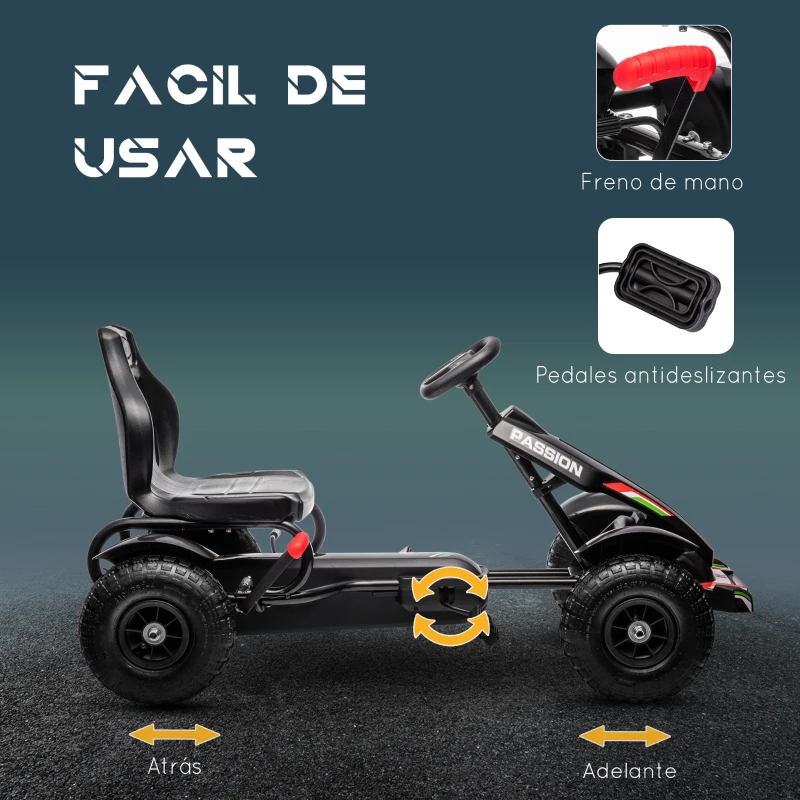 HOMCOM Go Kart a Pedales para Niños con Asiento Ajustable Neumáticos de Goma Freno de Mano Carga 50 kg 121x58x61 cm Negro