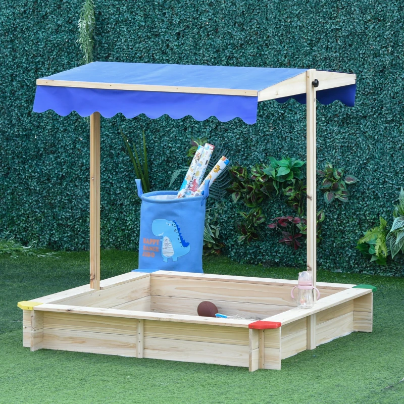 Outsunny Kids Wooden Sand Pit Sandbox Children Square Outdoor Playset Adjustable Canopy Bench Seat 120x120x120cm