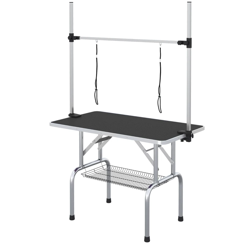 PawHut Mesa de Peluquería para Mascotas Mesa de Aseo Plegable con Estante de Almacenamiento Altura Ajustable 20-80 cm 107x60x170 cm Negro