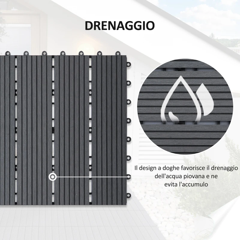 Outsunny Set 11 Piastrelle per Esterni ad Incastro Antiscivolo in HDPE Riciclato, 30x30x2.2 cm, Grigio
