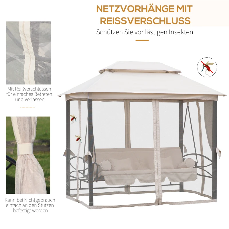 Outsunny Hollywoodschaukel Gartenschaukel Schaukel mit Seitenwänden 3-Sitzer Beige 256 x 172 x 248 cm