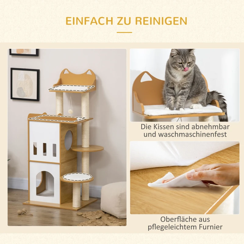 PawHut Kratzbaum, Kratzstämme, Katzenhaus mit 2 Etagen, Sitzplattformen, Spielball, Farbe: Weiß+Holz, 60 x 48 x 133 cm