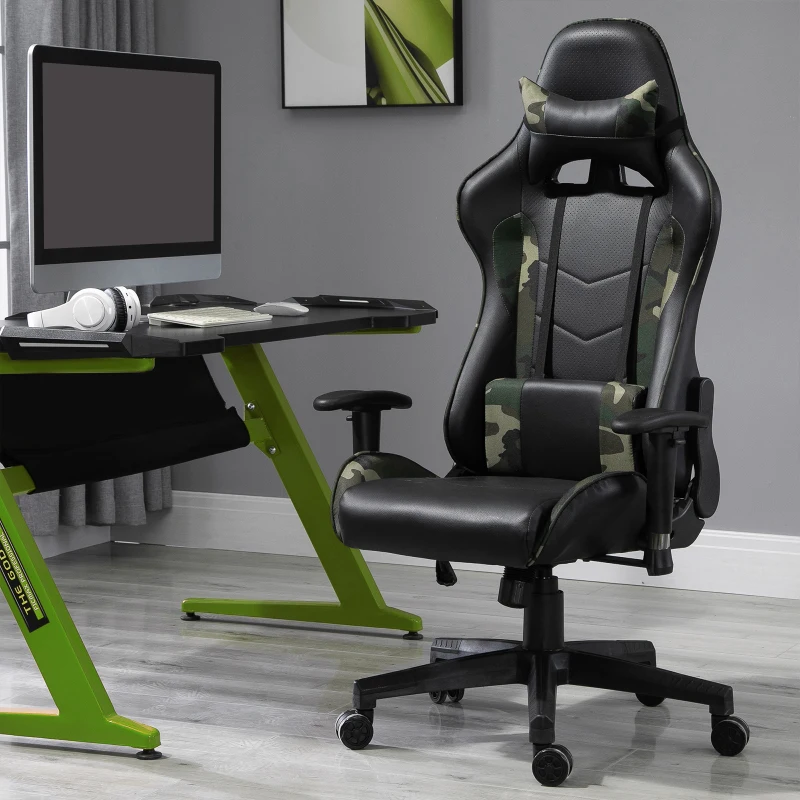 HOMCOM Fauteuil Gamer Chaise gaming Coussin Massant chaise de bureau Accoudoirs réglables coussin lombaire avec fonction de massage par vibration Noir