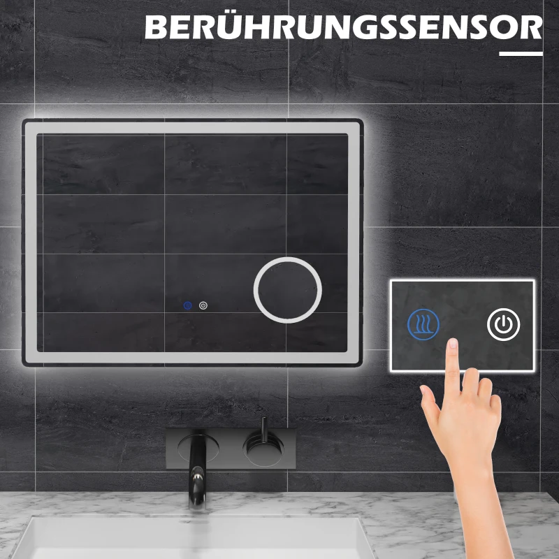 kleankin LED Badezimmerspiegel mit 3x Vergrößerung, Touch-Funktion, Memory-Funktion, kein Beschlagen, 80 x 60 cm